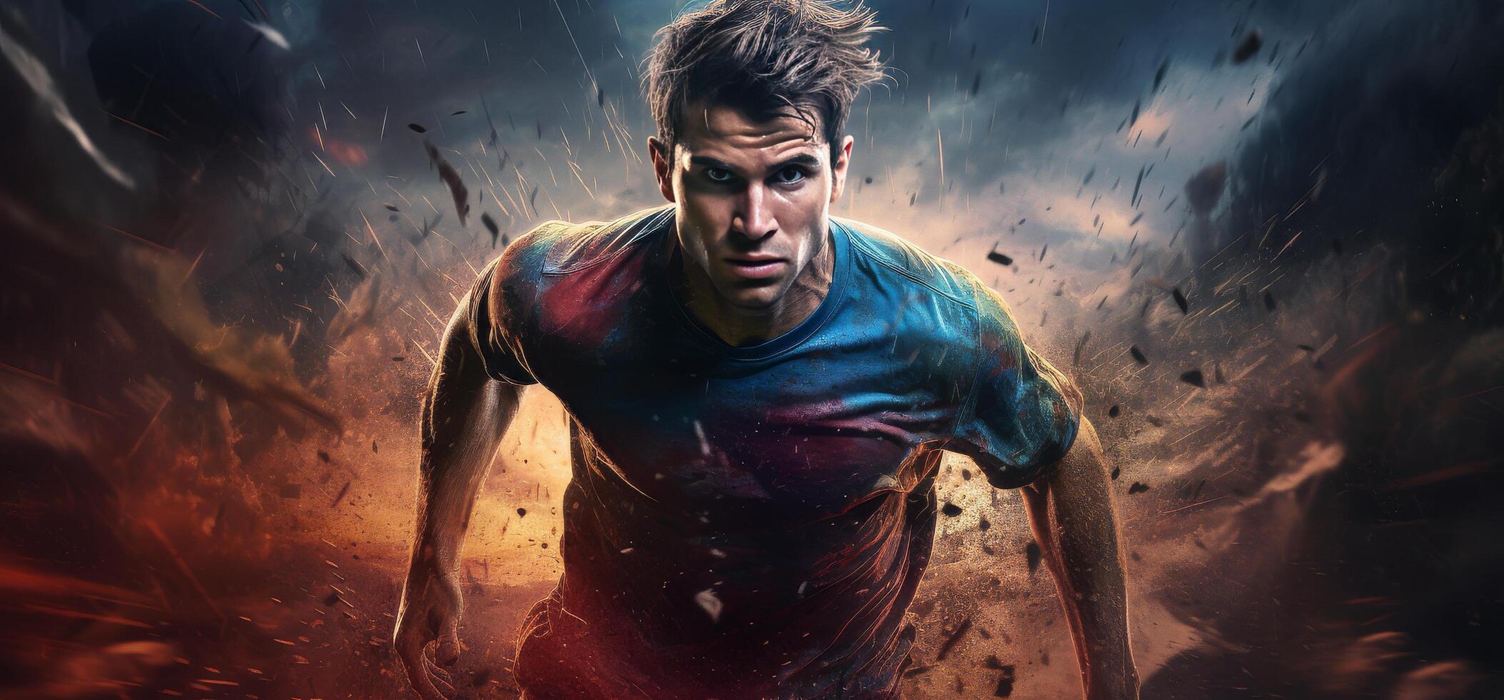 AI generated a soccer player runs with his ball under an intense light of smoke photo