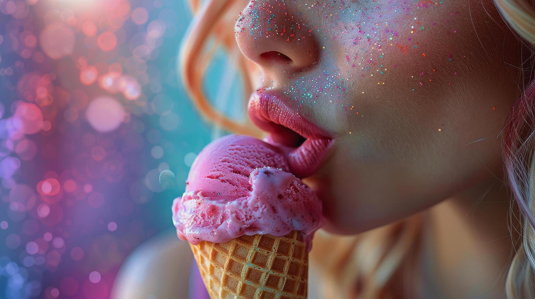 AI generated A playful image of a person playfully licking an ice cream cone photo