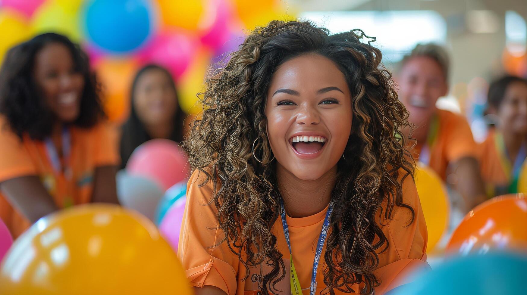 AI generated employees participating in a team-building activity, with colorful props and enthusiastic faces photo