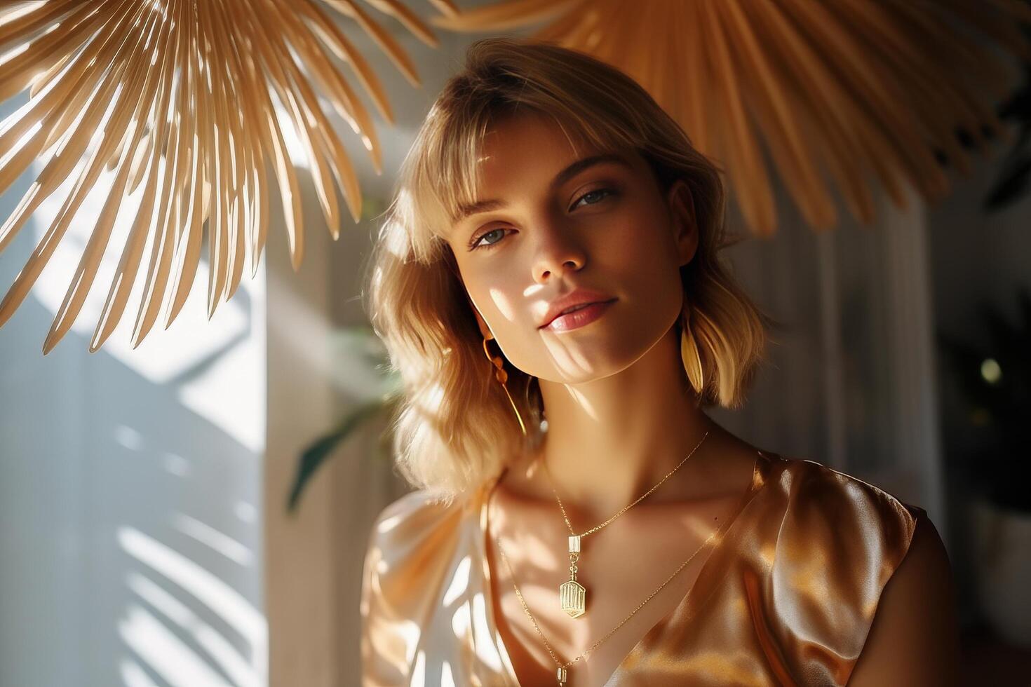 AI generated a young girl standing in the shadow of a palm leaf photo