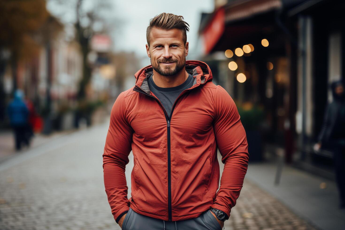 AI generated an athletic man standing beside a running watch photo