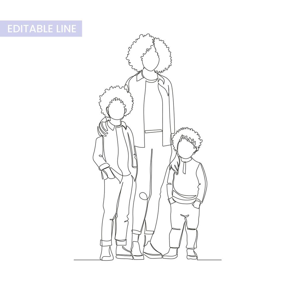 One single endless line single parent family group portrait, simple continuous contour, modern trendy style, vector illustration isolated on white. Single mother and two kids
