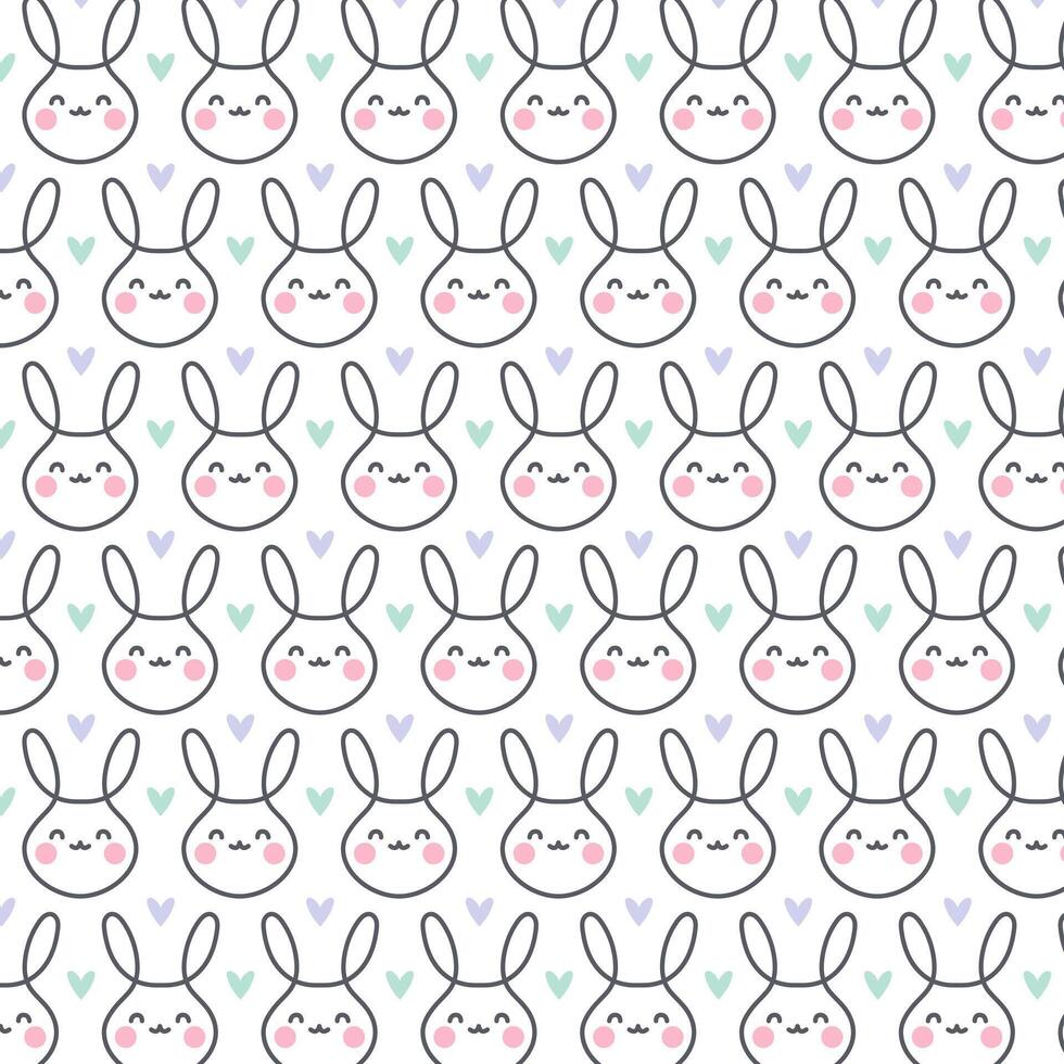 Cute spring easter rabbit or bunny and heart seamless pattern, line style, on white backround vector