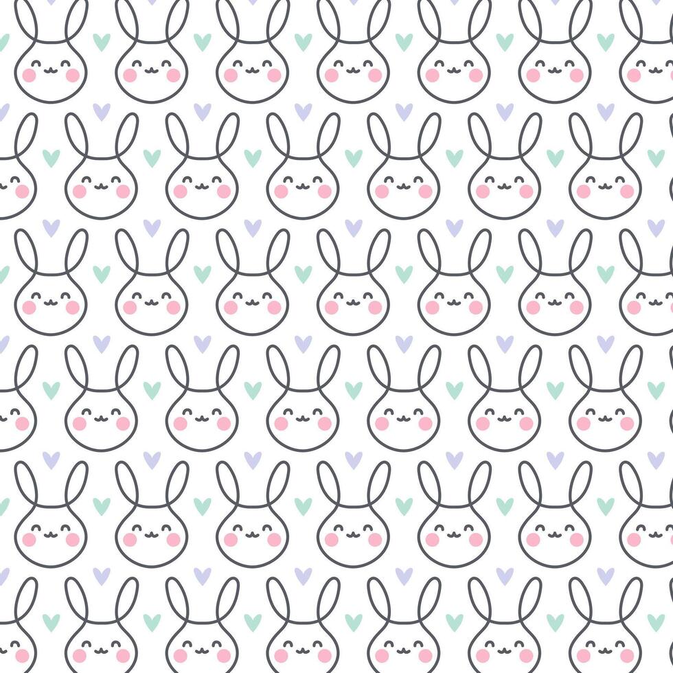 Cute spring easter rabbit or bunny and heart seamless pattern, line style, on white backround vector