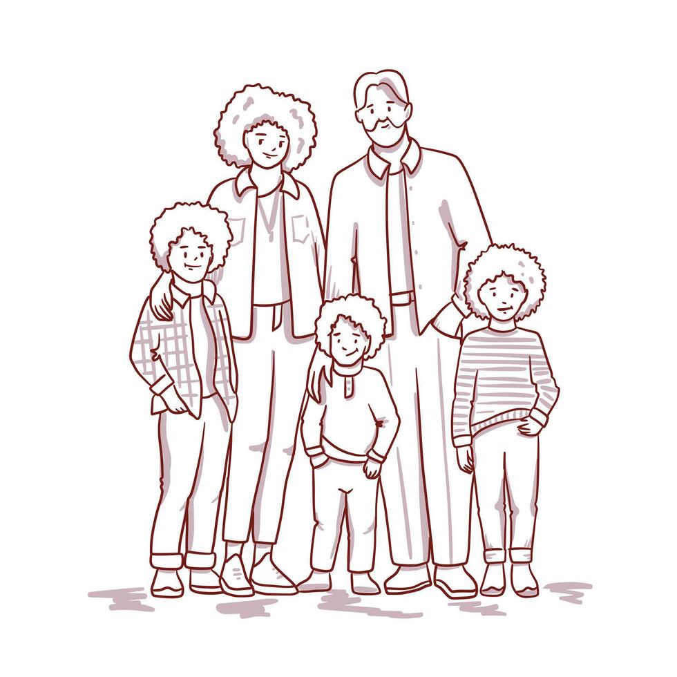 Large family group portrait, hand drawn cartoon style, vector illustration isolated on white. Happy young mother, father and three kids