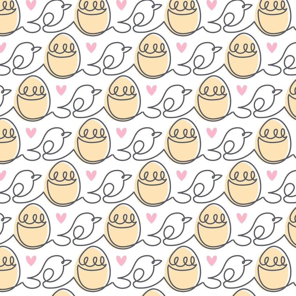 Cute spring easter rabbit or bunny and heart seamless pattern, line style, on white backround vector