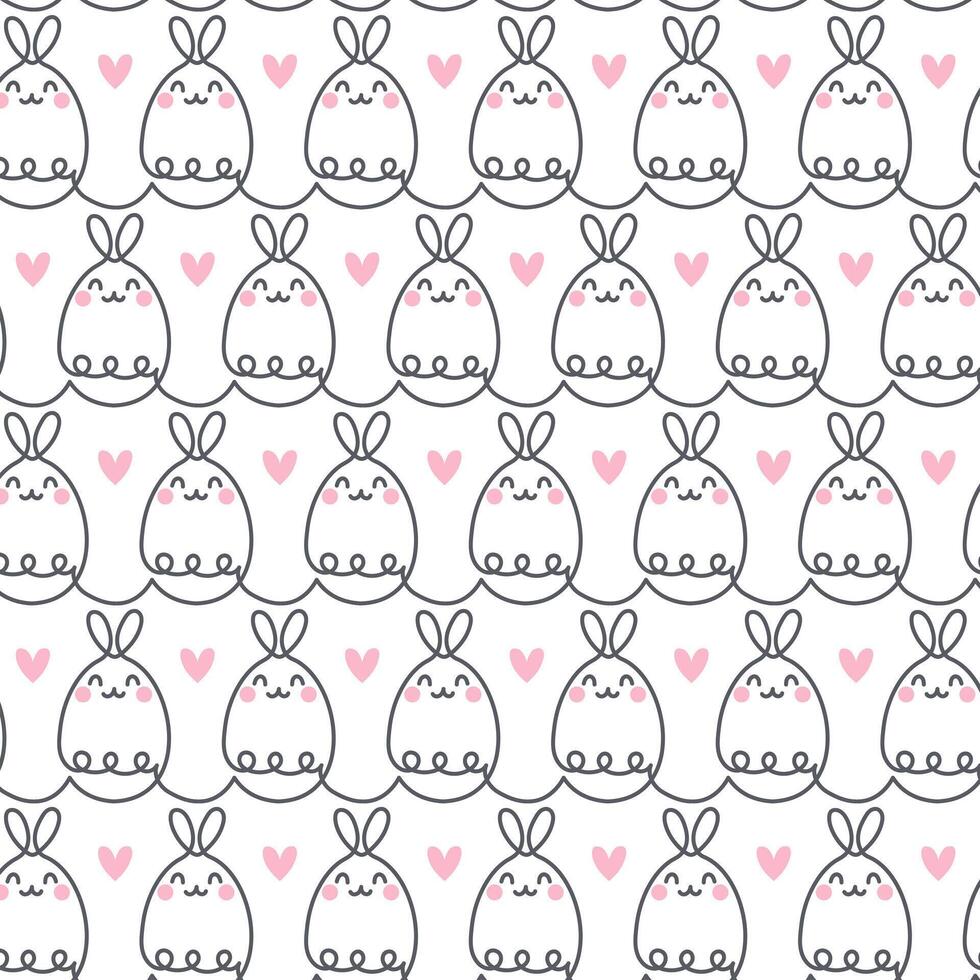 Cute spring easter rabbit or bunny and heart seamless pattern, line style, on white backround vector