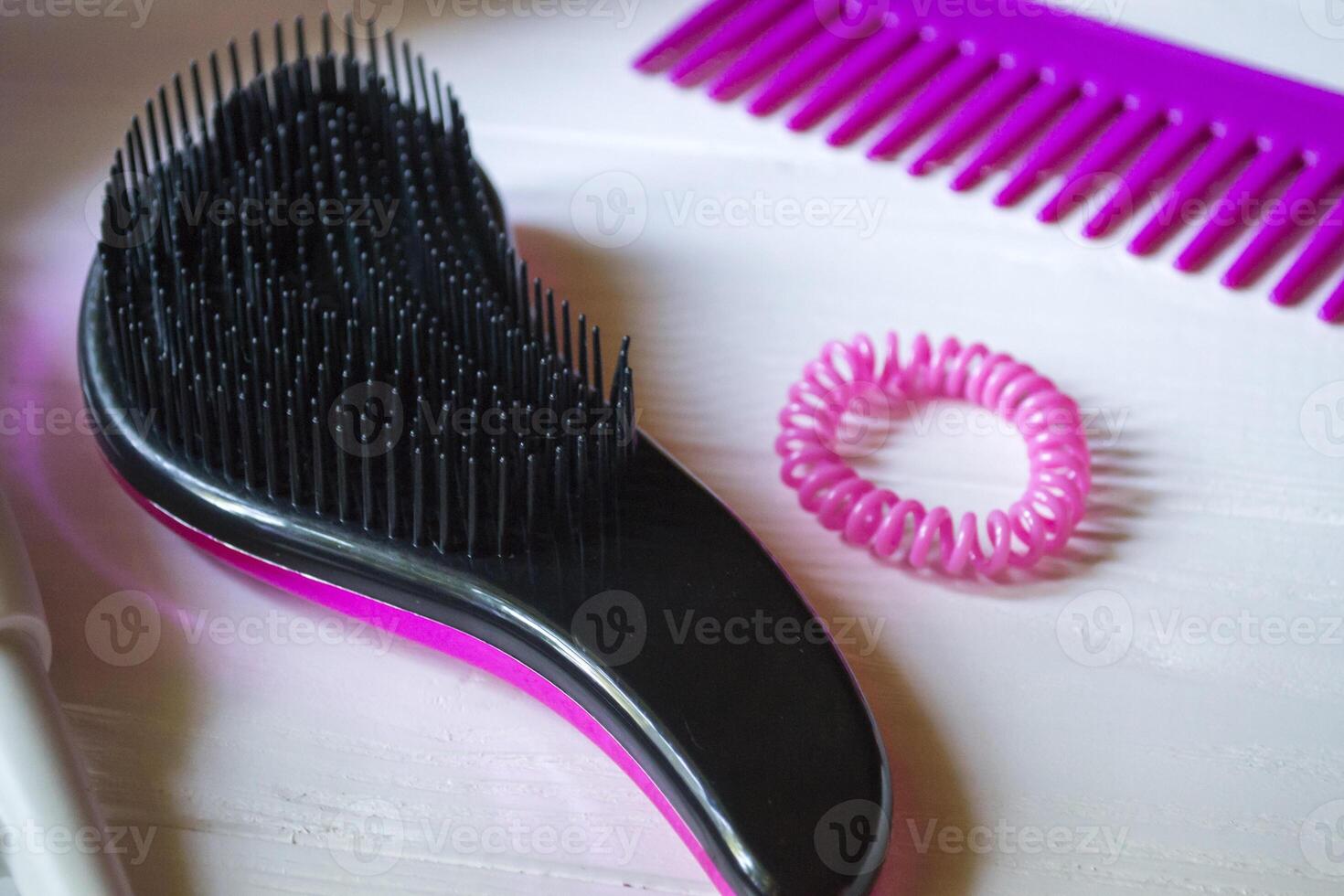 Hair care instruments. Beauty salon. Hair care tools top view. photo