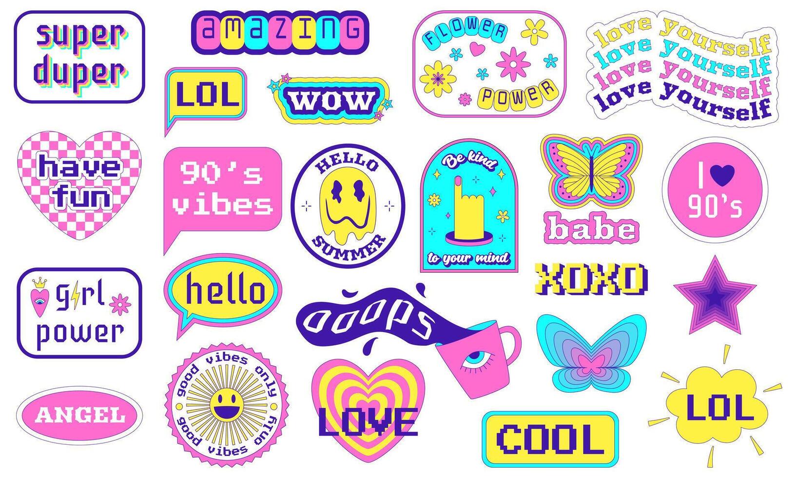 Motivational, Inspirational Stickers groovy retro set. Pop Art Patches with slogan, lips, heart, butterfly, psychedelic mushrooms. Y2k positive groovy patches in geometric shapes. Vector illustration.