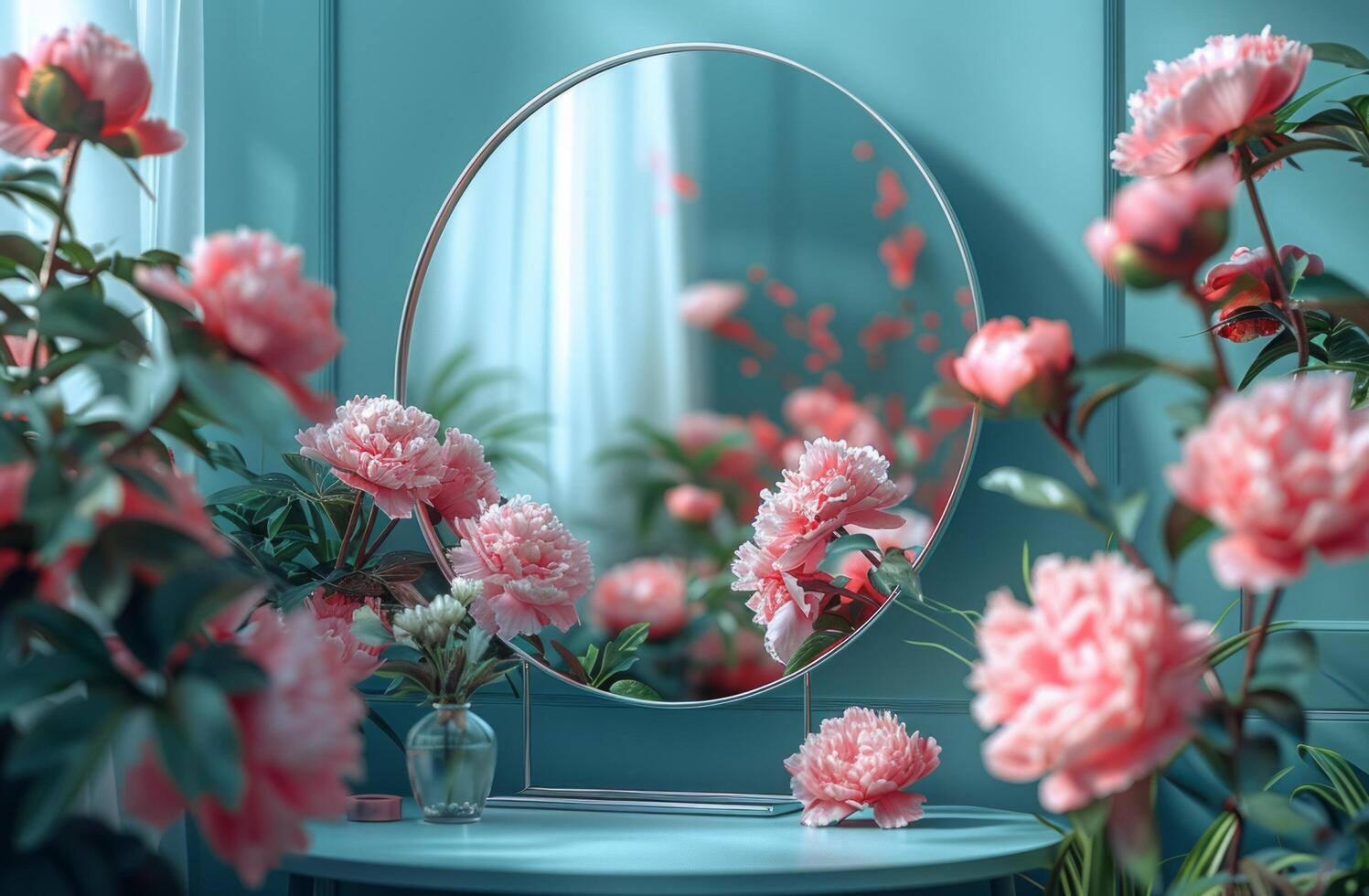 ai generado marco con blanco televisión pantalla marco aislado en azul antecedentes con rosado peonía flores foto