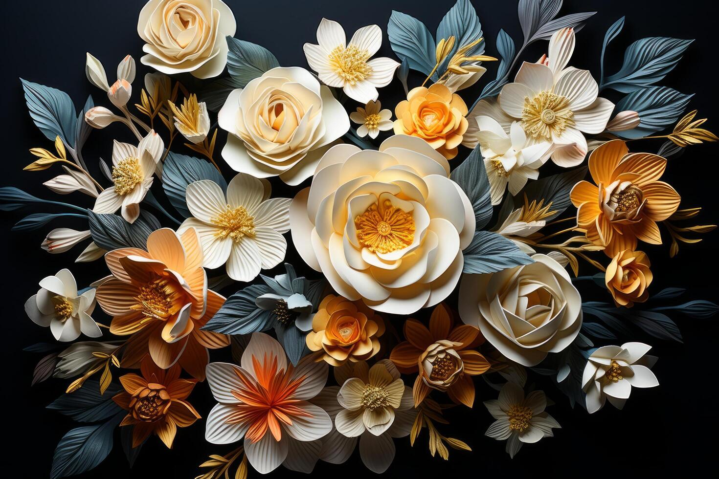 AI generated dozens of daffodils, roses and other flowers arranged in a square photo