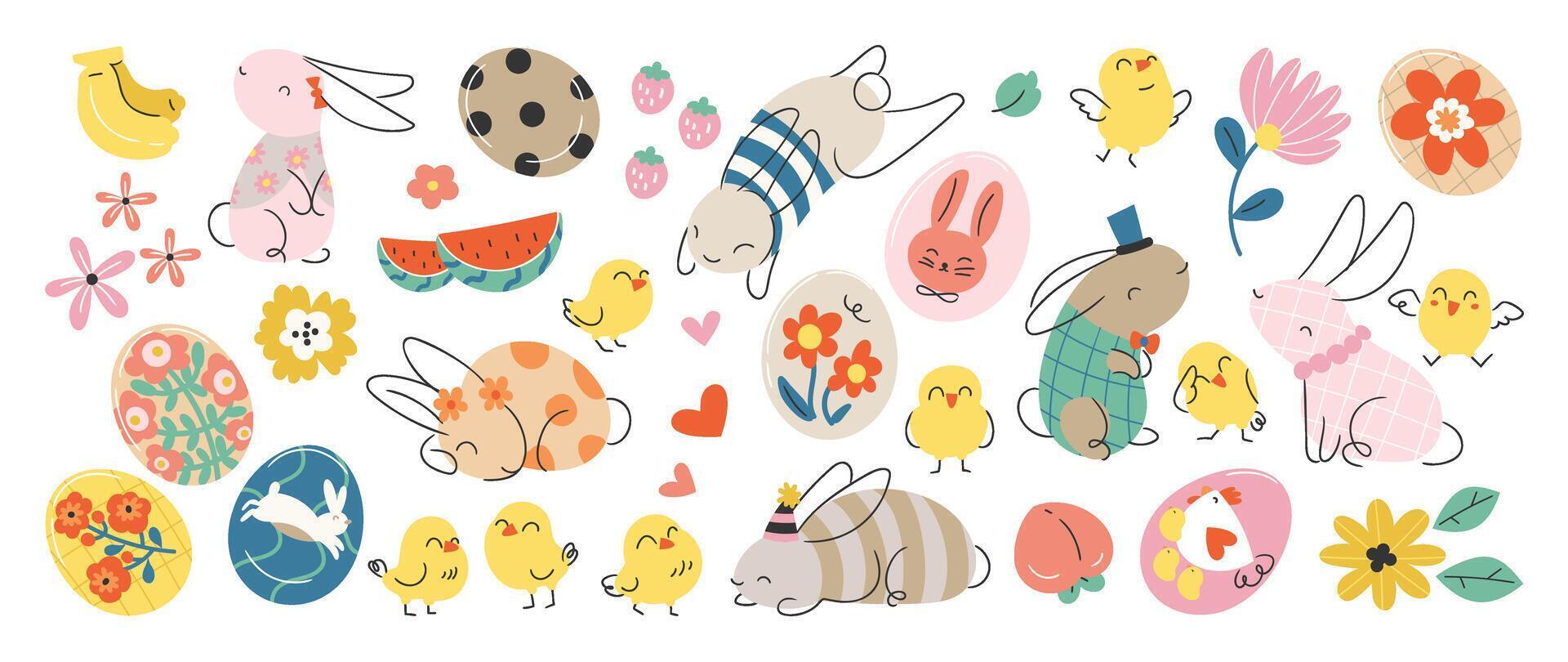 Happy Easter comic element vector set. Cute hand drawn rabbit, chicken, easter egg, spring flowers, watermelon slice. Collection of doodle animal and adorable design for decorative, card, kids.