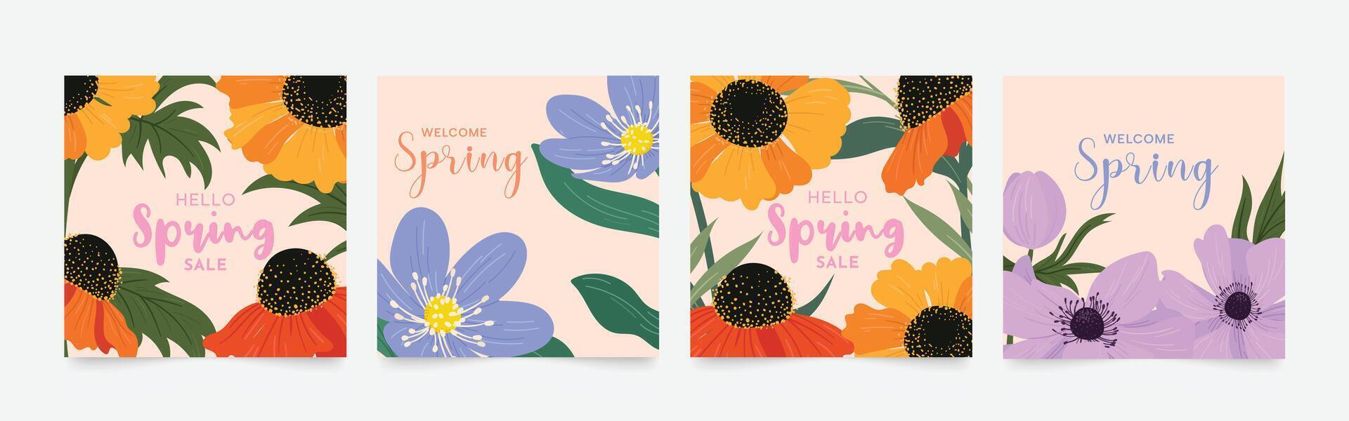 Spring season floral square cover vector. Set of banner design with flowers, leaves, branch. Colorful blossom background for social media post, website, business, ads. vector