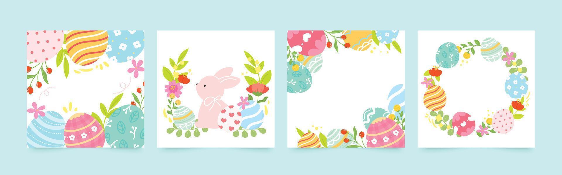 Happy Easter square cover vector set. Adorable doodle design with easter egg, rabbit, flower, foliage on white background. Spring season background for prints, wallpaper, packaging, ads.
