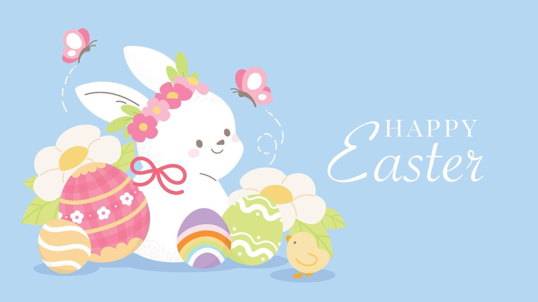 Happy Easter background vector. Hand drawn fluffy cute white rabbits, easter eggs, chick, flowers, leaf branch, butterfly. Adorable doodle design for decorative, card, kids, banner, poster. vector