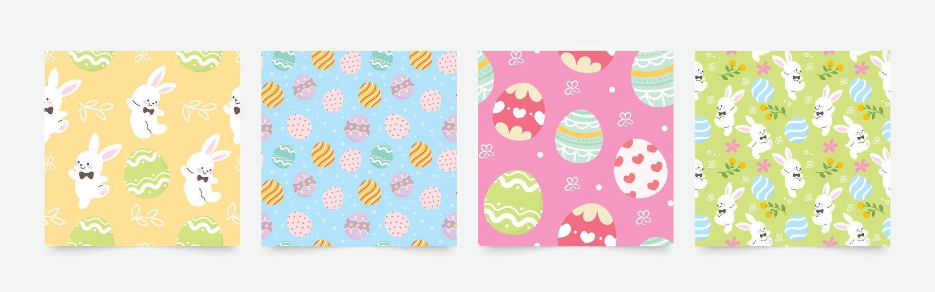 Happy Easter seamless pattern vector. Set of square cover design with easter egg, rabbit, flower, foliage. Spring season repeated in fabric pattern for prints, wallpaper, cover, packaging, ads. vector