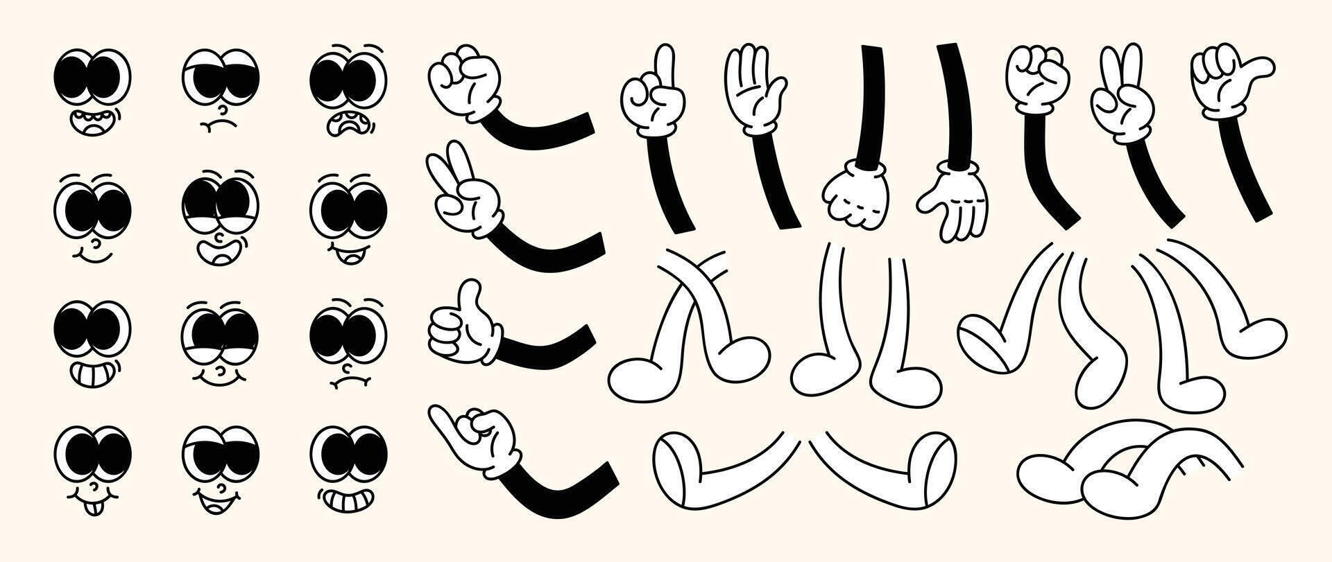 Set of 70s groovy comic faces vector. Collection of cartoon character faces, leg, hand in different emotions happy, angry, sad, cheerful. Cute retro groovy hippie illustration for decorative, sticker. vector