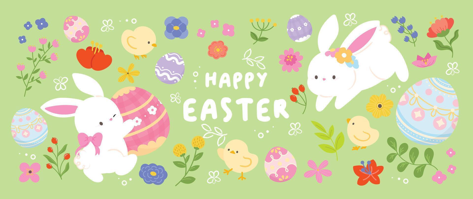 Happy Easter element background vector. Hand drawn cute white rabbit, easter egg, chick, flower, leaf branch on green. Collection of adorable doodle design for decorative, card, kids, banner. vector