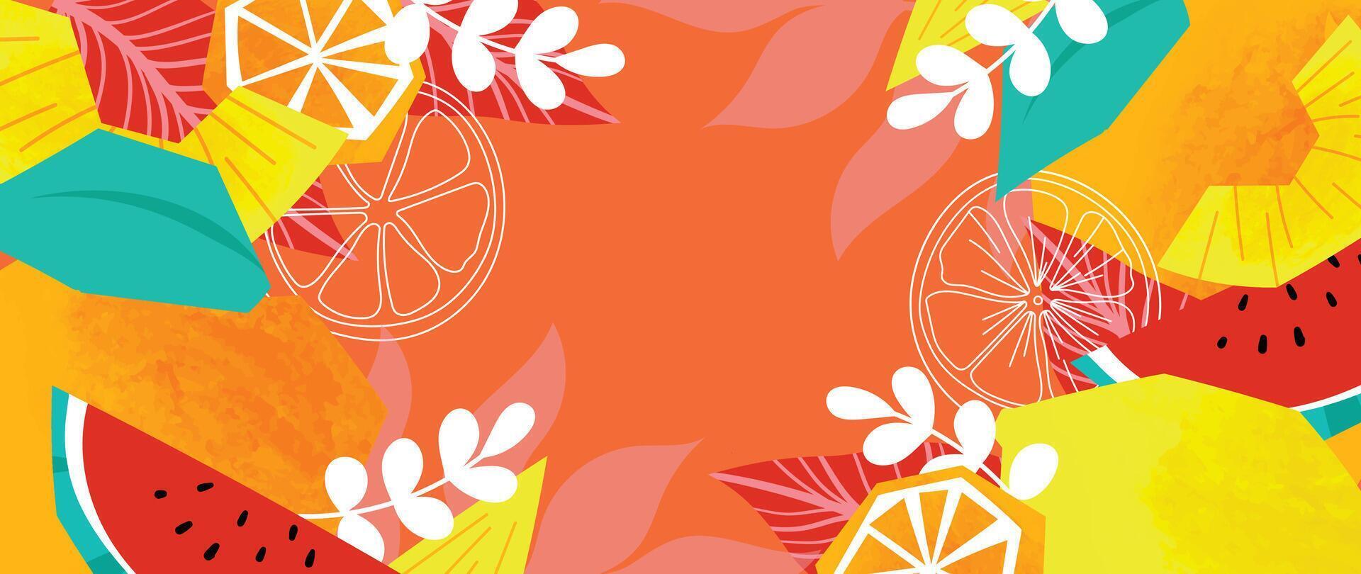 Summer tropical jungle orange background vector. Colorful botanical with exotic plant, flowers, palm leaves, fruit, watercolor texture. Happy summertime illustration for poster, cover, banner, prints. vector