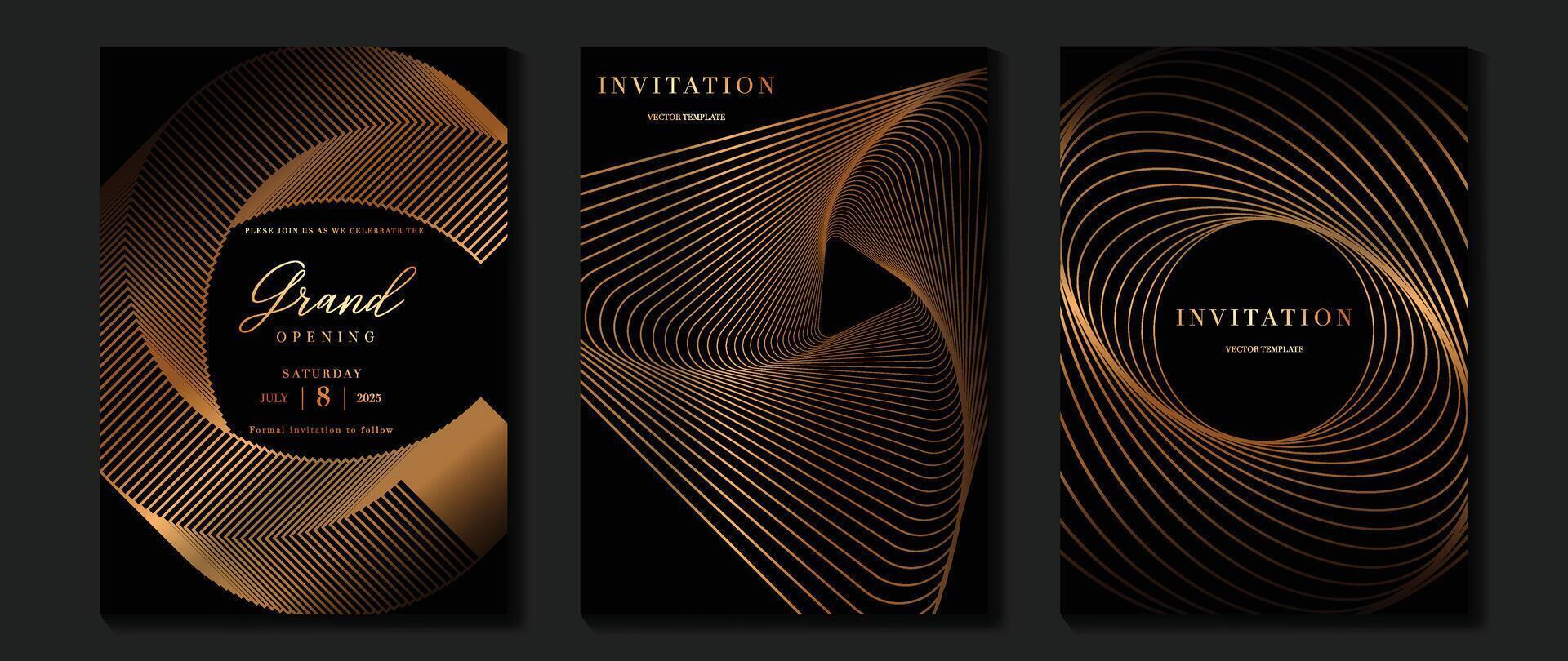 lujo invitación tarjeta antecedentes vector. dorado elegante ondulado oro línea modelo en oscuro antecedentes. prima diseño ilustración para Boda y VIP cubrir plantilla, grandioso apertura. vector