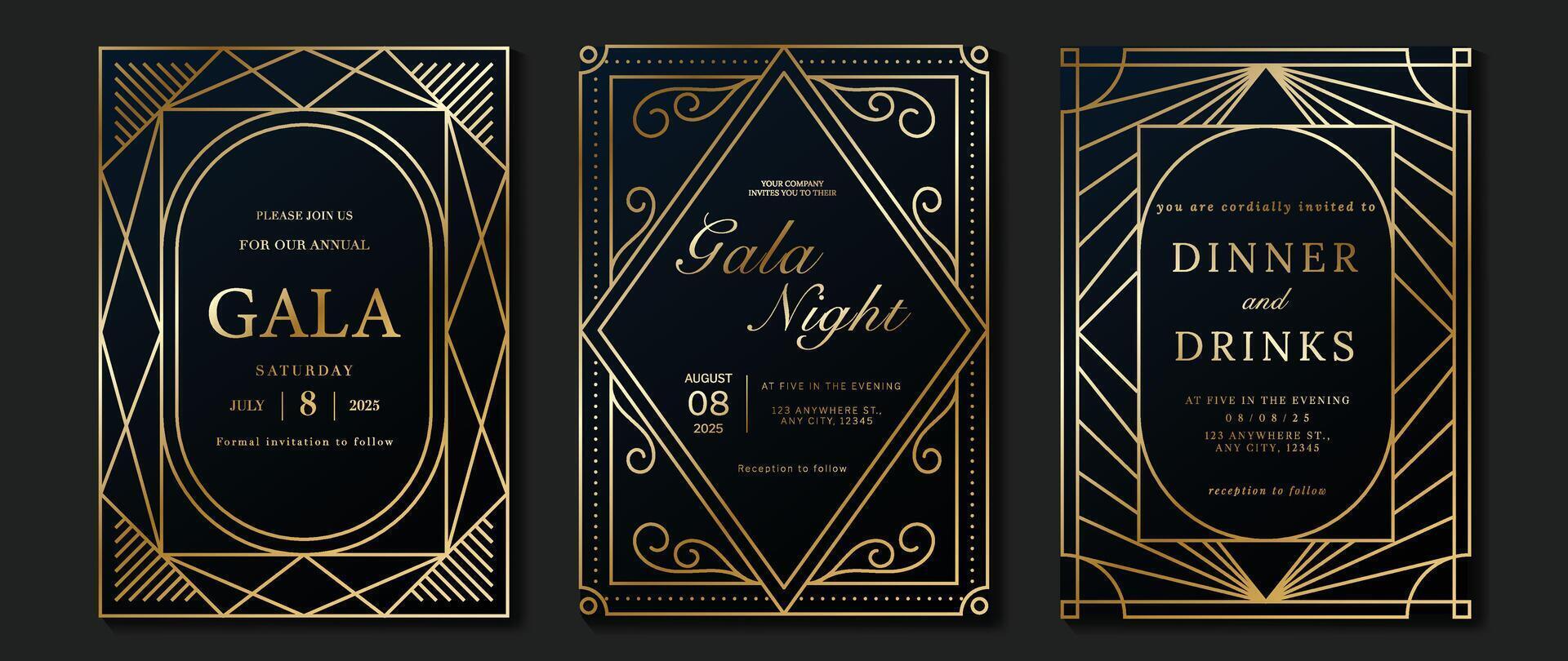 lujo invitación tarjeta antecedentes vector. dorado elegante geométrico forma, oro líneas degradado en oscuro azul degradado antecedentes. prima diseño ilustración para gala tarjeta, grandioso apertura, boda. vector