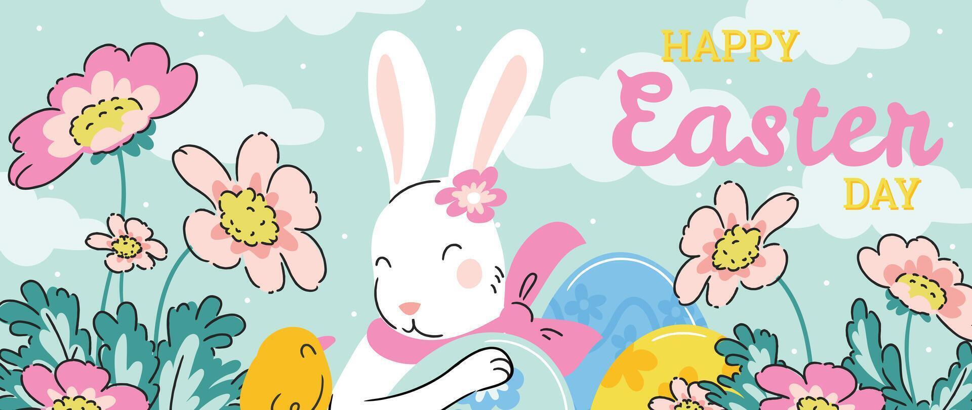 Happy Easter element background vector. Hand drawn cute white rabbit, easter egg, flower, leaf, chick on blue background. Collection of adorable doodle design for decorative, card, kids, banner. vector