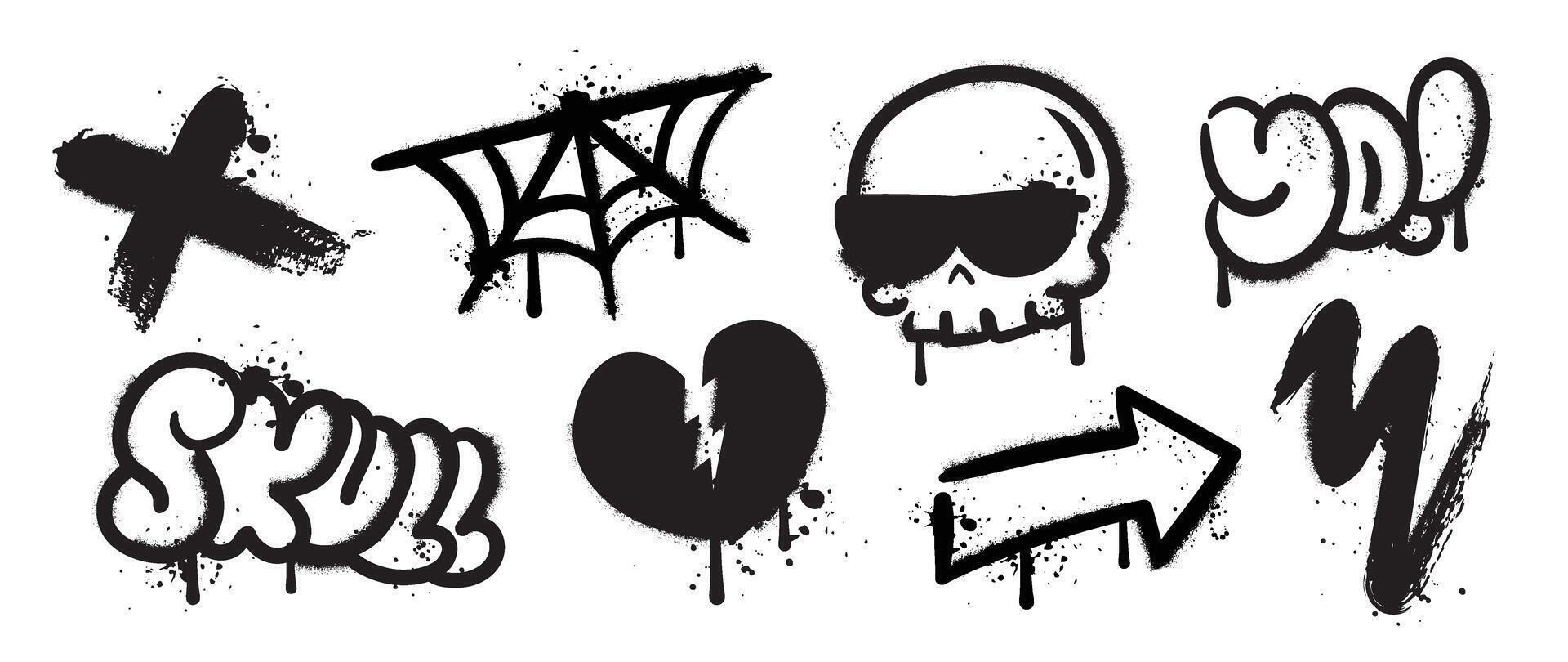 Set of black graffiti spray element vector. Collection halloween of symbol, skull, cobweb, arrow, heart, word with ink drip texture. Design illustration for sticker, decoration, street art. vector