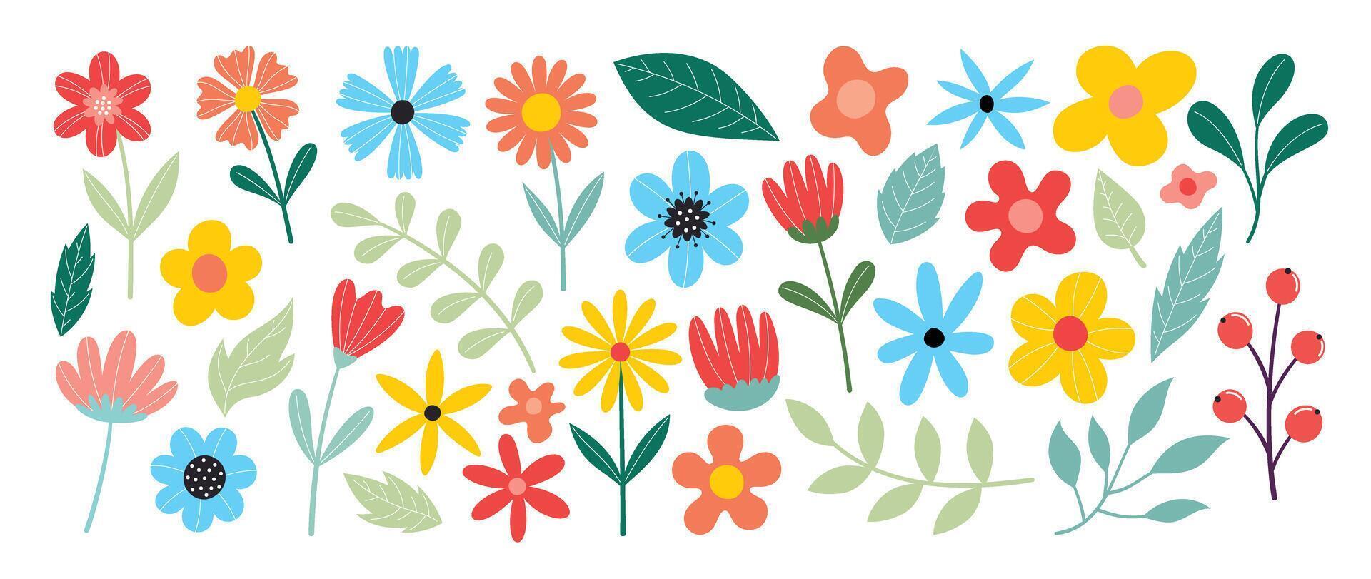 colección de primavera vistoso flor elementos vector. conjunto floral de flor silvestre, hoja rama, follaje en blanco antecedentes. mano dibujado florecer ilustración para decoración, Pascua de Resurrección, acción de gracias, clipart. vector