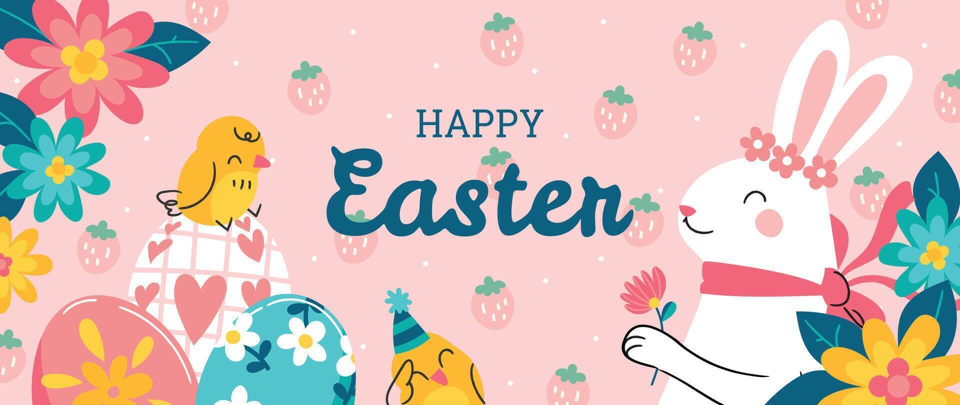 Happy Easter element background vector. Hand drawn cute white rabbit, easter egg, flower, leaf, chick on pink background. Collection of adorable doodle design for decorative, card, kids, banner. vector
