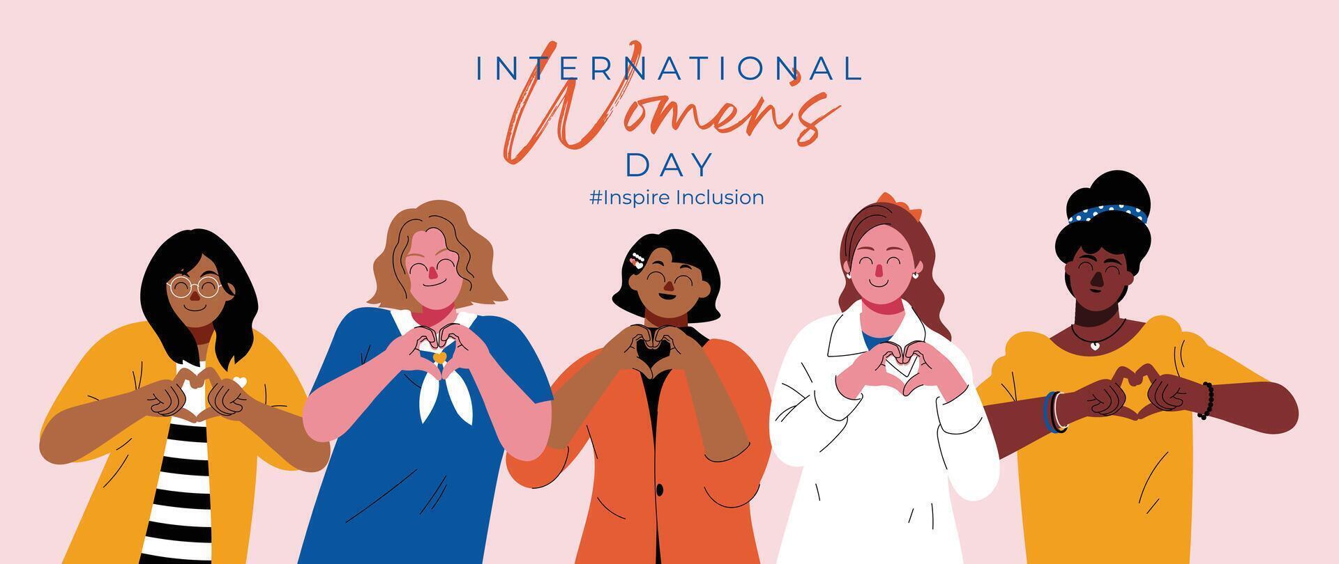 International Women's Day banner vector. Inspire Inclusion hashtag slogan with hand drawn women character from diverse background heart shape hand gesture. Design for poster, campaign, social media. vector