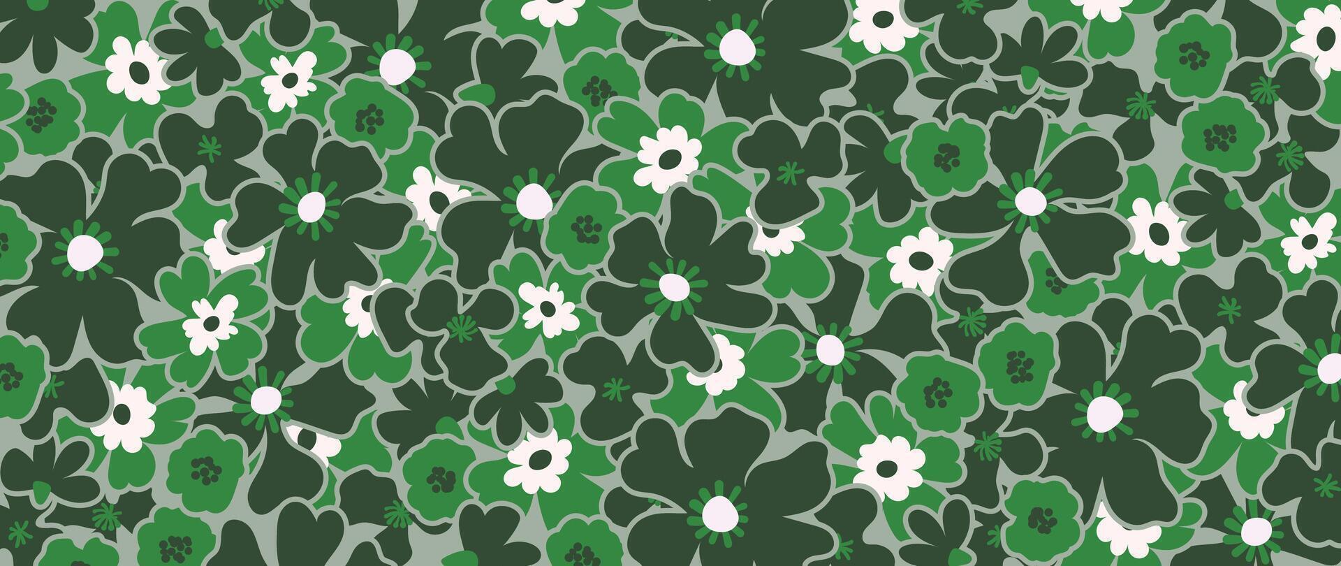 Spring floral art background vector illustration. Hand drawn green botanical flower, leaves with grunge texture. Design for wallpaper, poster, banner, card, print, web and packaging.