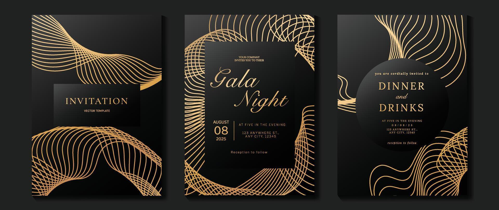 lujo invitación tarjeta antecedentes vector. dorado elegante geométrico forma, oro línea degradado, ondulado en oscuro marrón degradado antecedentes. prima diseño ilustración para gala tarjeta, grandioso apertura, boda. vector