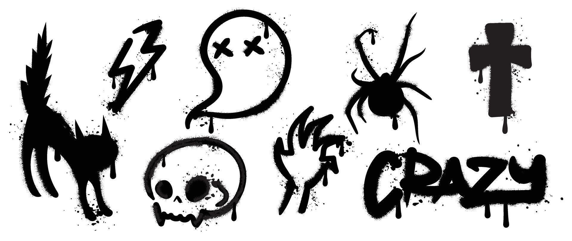 Set of black graffiti spray element vector. Collection halloween of symbol, skull, cat, ghost, spider, thunderbolt with ink drip texture. Design illustration for sticker, decoration, street art. vector