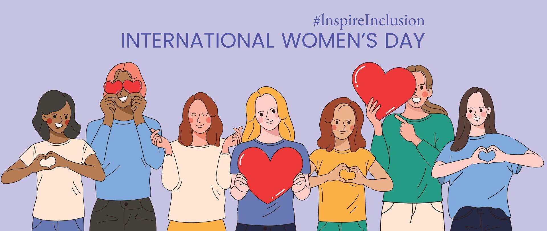 International Women's Day banner vector. Inspire Inclusion hashtag slogan with hand drawn women character from diverse background heart shape hand gesture. Design for poster, campaign, social media. vector