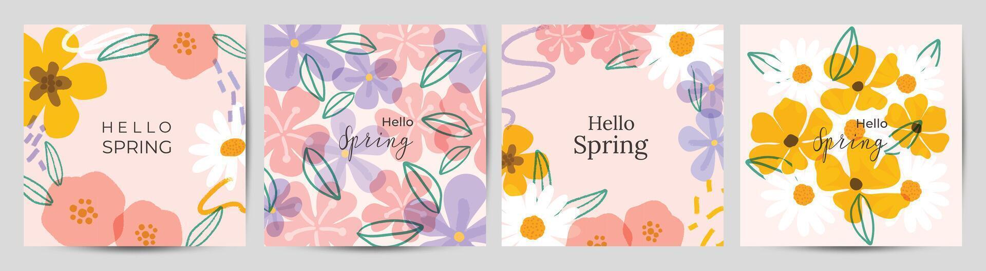 Spring season floral square cover vector. Set of banner design with flowers, leaves, branch. Colorful blossom background for social media post, website, business, ads. vector