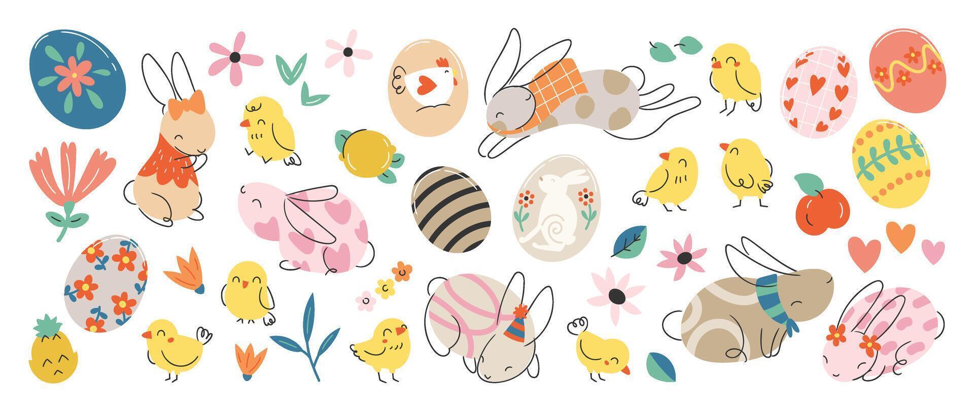 Happy Easter comic element vector set. Cute hand drawn rabbit, chicken, easter egg, spring flowers, pineapple, apple. Collection of doodle animal and adorable design for decorative, card, kids.