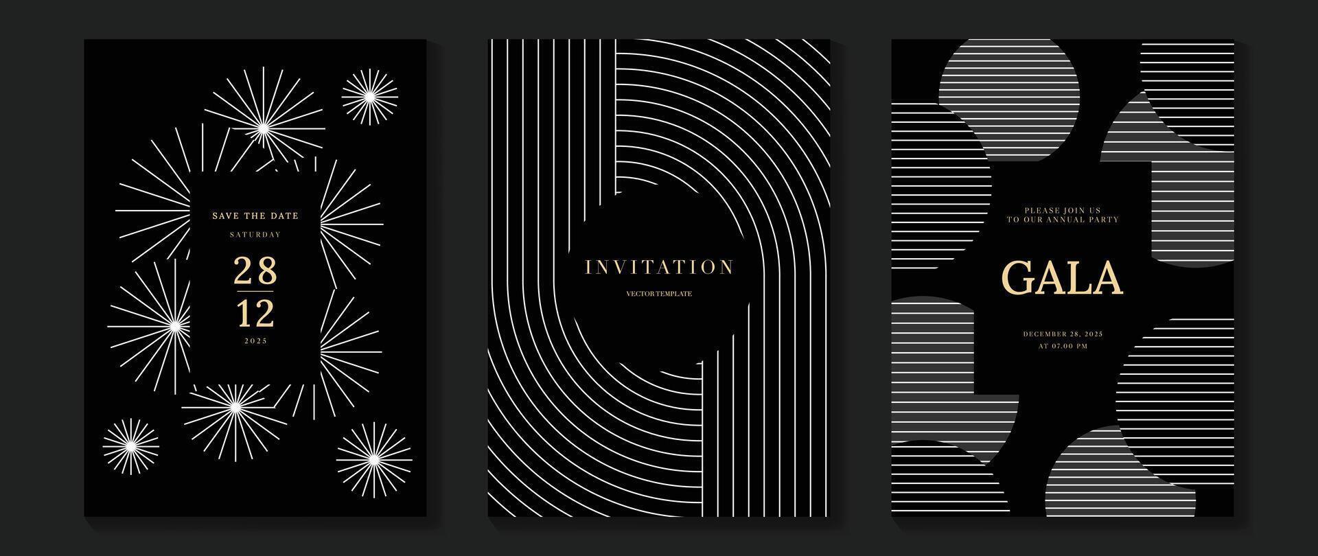 Luxury invitation card background vector.  White geometric shape, lines, firework on dark background. Premium design illustration for gala card, grand opening, party invitation, wedding. vector