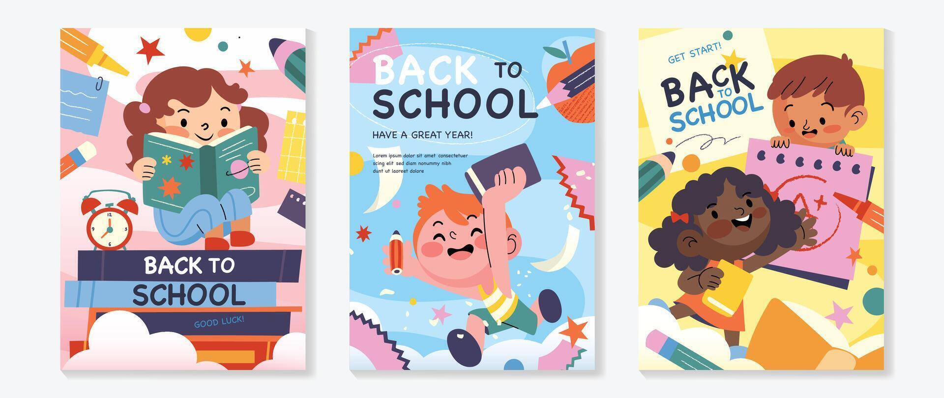 Back to school cover vector set. Background design with children and education accessories element. Kids hand drawn flat design for poster , wallpaper, website and cover template.