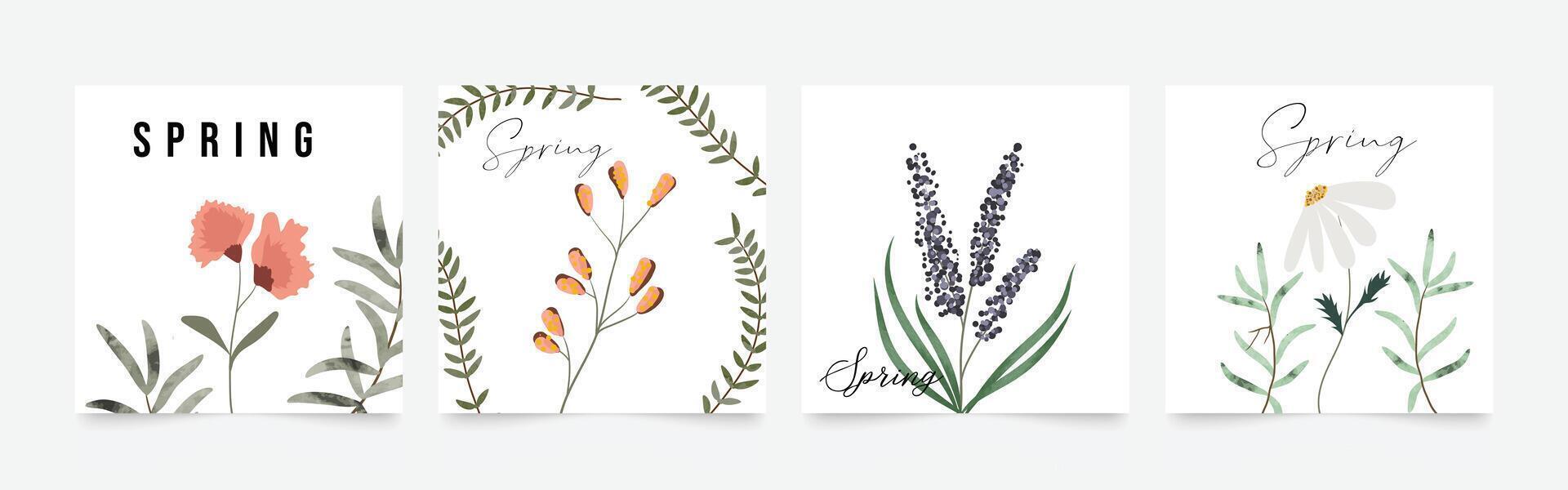 Spring season floral square cover template. Set of banner design with flowers, leaves and branch. Watercolor blossom for social media post, internet, ads, business. vector