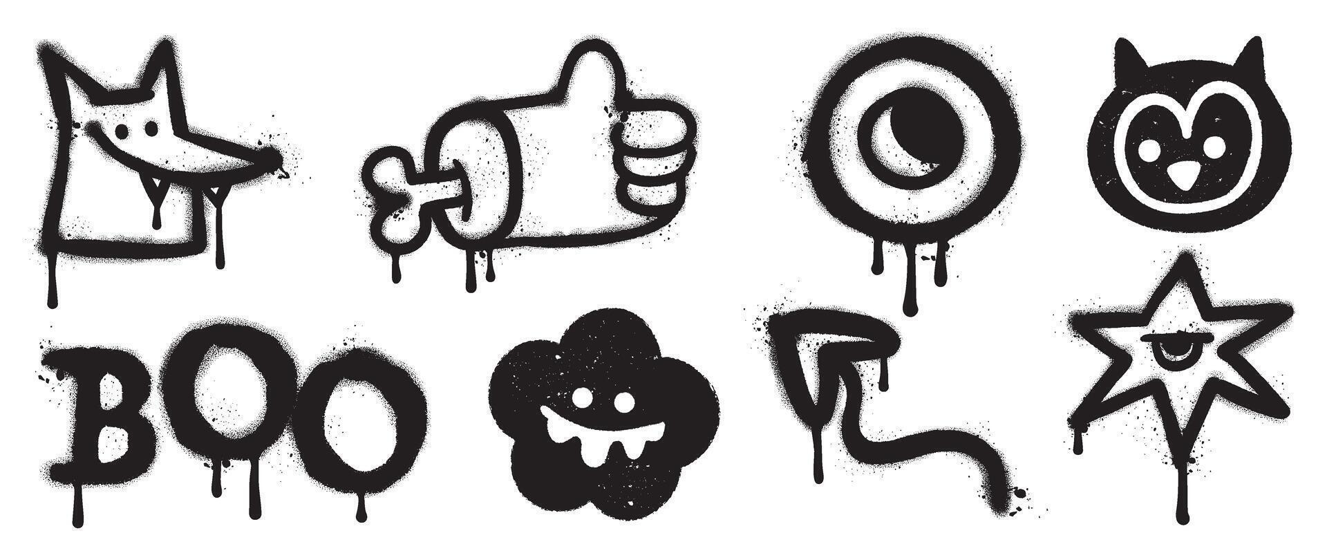 Set of black graffiti spray element vector. Collection halloween of symbol, hand, eye, flower, arrow, dog with ink drip texture. Design illustration for sticker, decoration, street art. vector