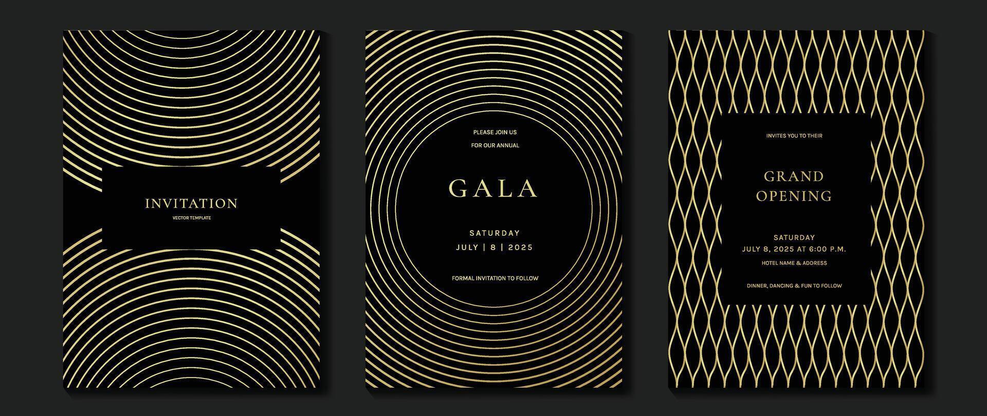 lujo invitación tarjeta antecedentes vector. dorado elegante geométrico forma, oro línea degradado, curva en oscuro degradado antecedentes. prima diseño ilustración para gala tarjeta, grandioso apertura, boda. vector