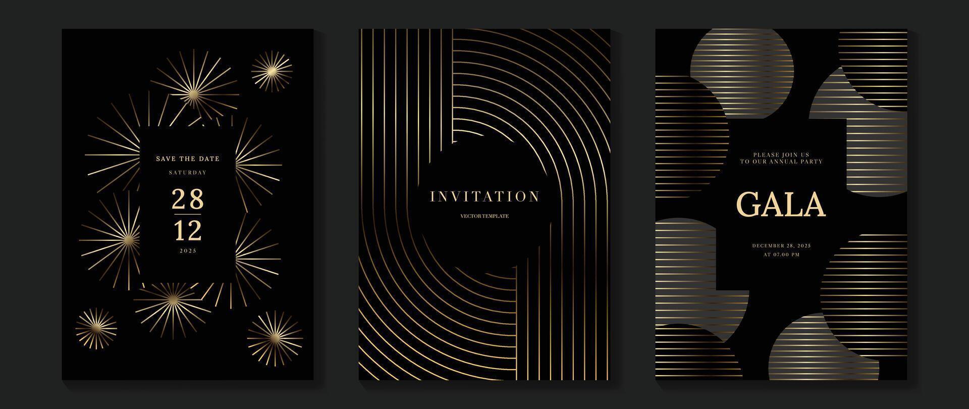 Luxury invitation card background vector. Golden elegant geometric shape, gold lines gradient, firework on dark background. Premium design illustration for gala card, grand opening, wedding. vector