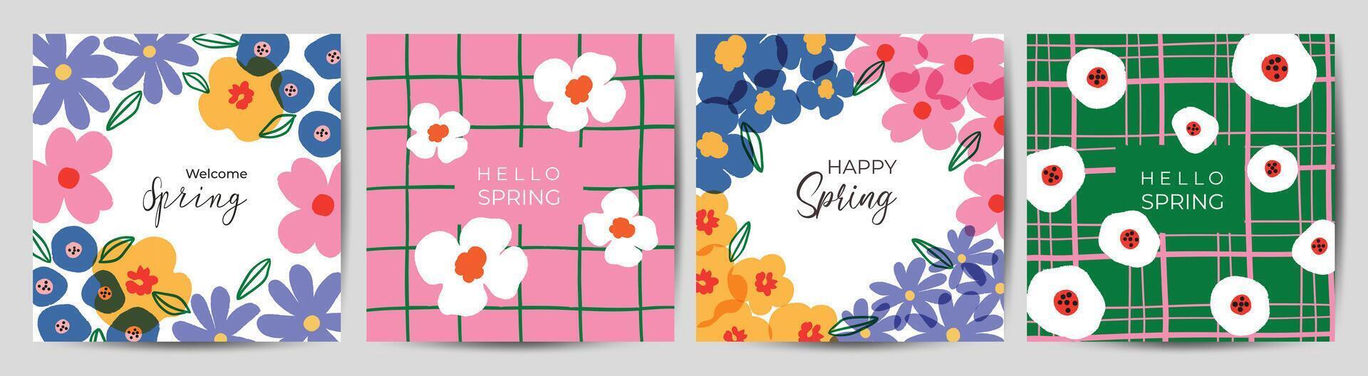 Spring season floral square cover vector. Set of banner design with flowers, leaves, branch. Colorful blossom background for social media post, website, business, ads. vector