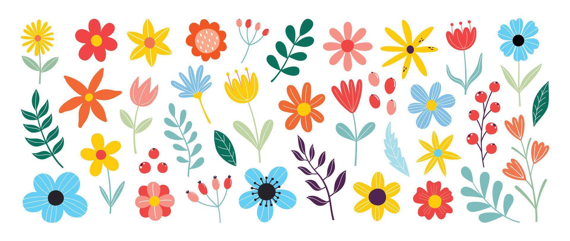 colección de primavera vistoso flor elementos vector. conjunto floral de flor silvestre, hoja rama, follaje en blanco antecedentes. mano dibujado florecer ilustración para decoración, Pascua de Resurrección, acción de gracias, clipart. vector