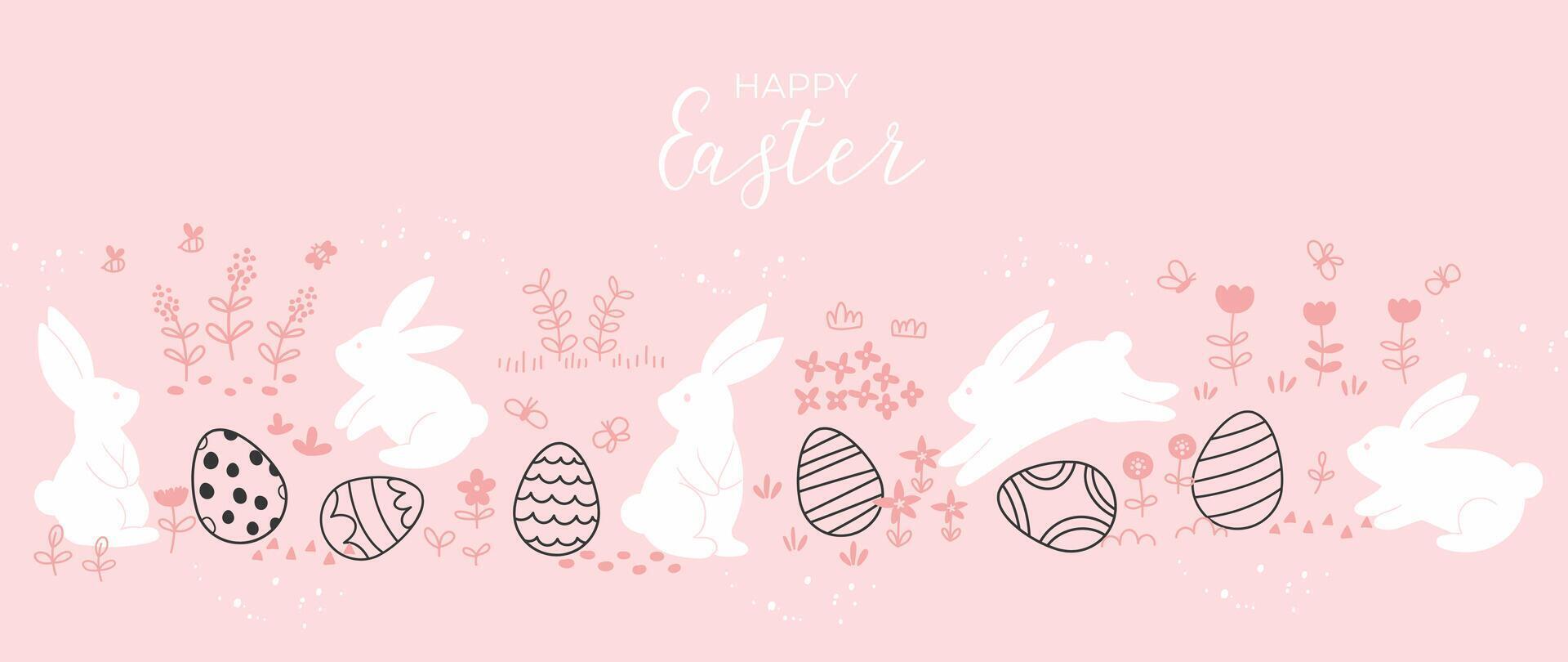 Happy Easter element background vector. Hand drawn cute white rabbit, easter egg, flower, leaf, insect on pink background. Collection of adorable doodle design for decorative, card, kids, banner. vector