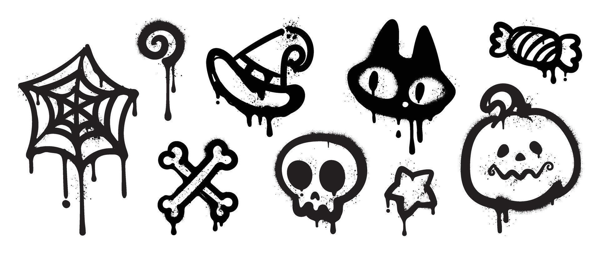Set of black graffiti spray element vector. Collection halloween of symbol, skull, cat, pumpkin, hat, cobweb, bone with ink drip texture. Design illustration for sticker, decoration, street art. vector