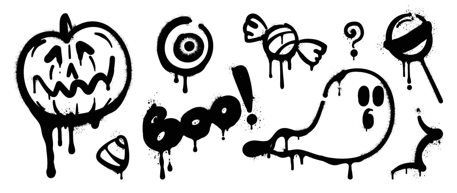 Set of black graffiti spray element vector. Collection halloween of symbol, ghost, pumpkin, eye, candy, lollipop with ink drip texture. Design illustration for sticker, decoration, street art. vector