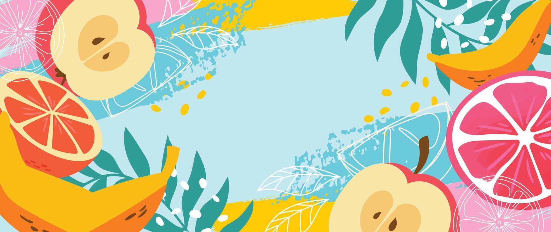 Summer tropical jungle blue background vector. Colorful botanical with exotic plant, flowers, palm leaves, fruit, grunge texture. Happy summertime illustration for poster, cover, banner, prints. vector