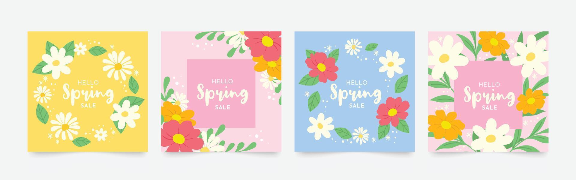 Spring season floral square cover vector. Set of banner design with flowers, leaves, branch. Colorful blossom background for social media post, website, business, ads. vector