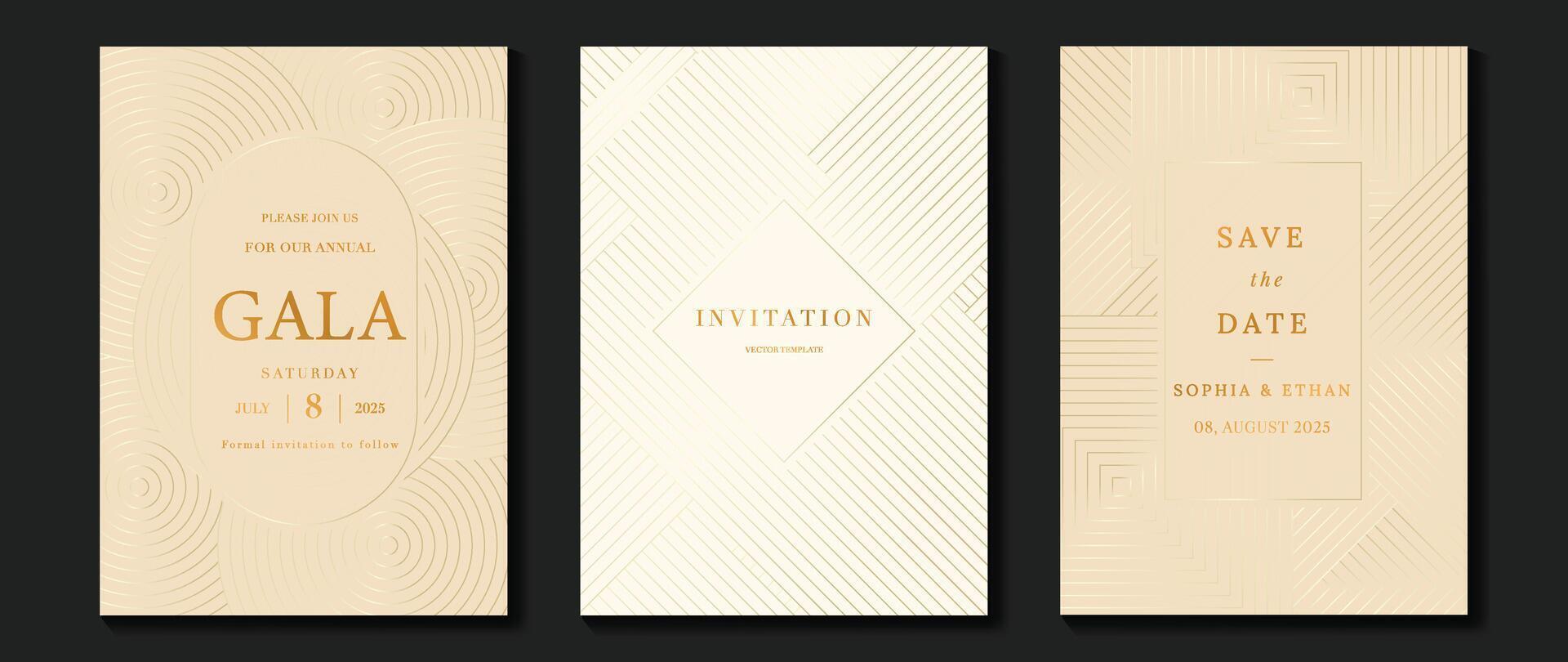 Luxury invitation card background vector. Golden elegant wavy gold line pattern on light background. Premium design illustration for wedding and vip cover template, grand opening. vector
